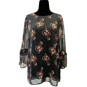 DR2 Blouse Sheer Ruffle Sleeve Bohemian Dark Floral Flowy Black  Brown Small